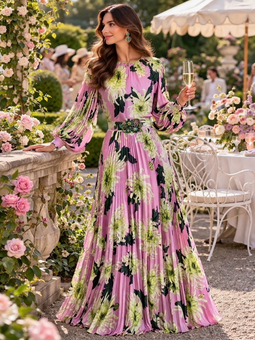 Andrew Gn Silk Floral Pleated Gown Embellished Belt Maxi Dress Luxury Designer - Picture 5 of 16